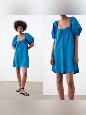 Zara | Bright Blue Puff-Sleeve Square Neck Mini Dress | Sz S